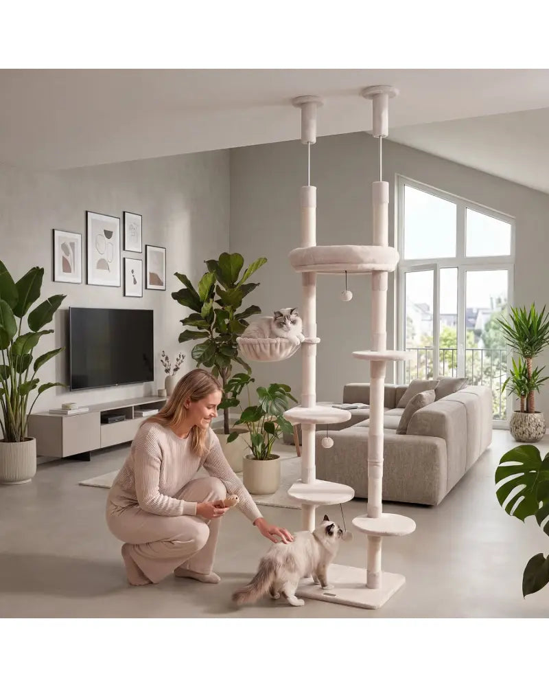6-tier Floor to Ceiling Cat Tree with Plush Bed and Sisal Scratching Posts-Beige - Beige - Cat Trees Condos & Scratchers
