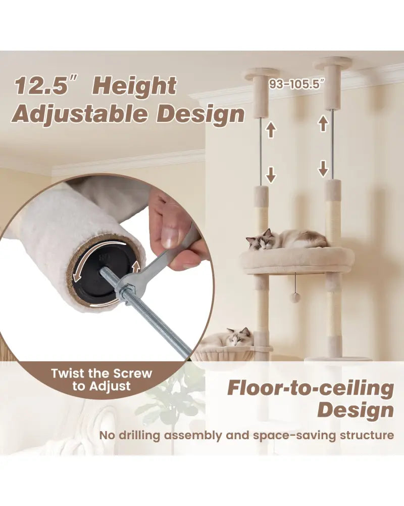 6-tier Floor to Ceiling Cat Tree with Plush Bed and Sisal Scratching Posts-Beige - Beige - Cat Trees Condos & Scratchers