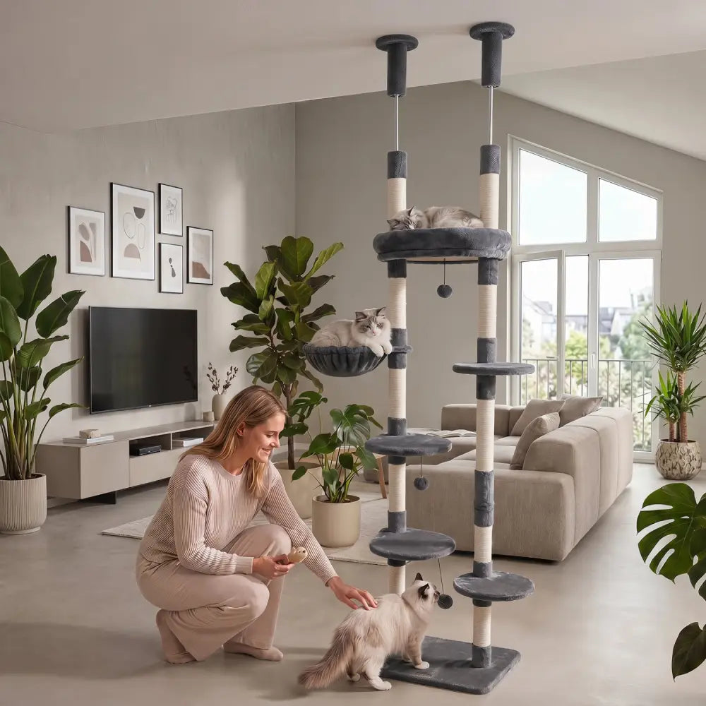 6-tier Floor to Ceiling Cat Tree with Plush Bed and Sisal Scratching Posts-Gray - Gray - Cat Trees Condos & Scratchers