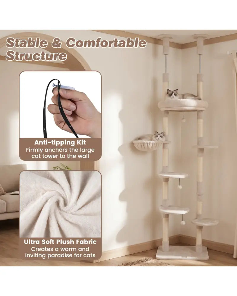 6-tier Floor to Ceiling Cat Tree with Plush Bed and Sisal Scratching Posts-Beige - Beige - Cat Trees Condos & Scratchers