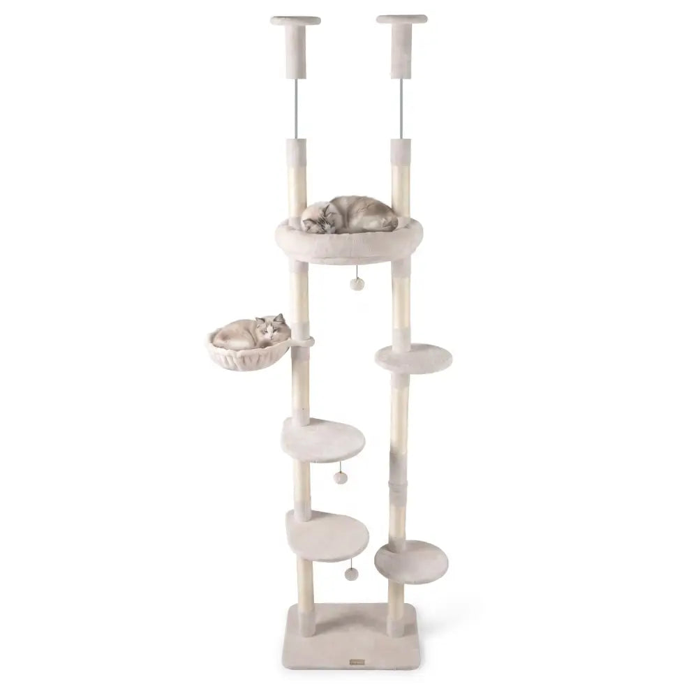 6-tier Floor to Ceiling Cat Tree with Plush Bed and Sisal Scratching Posts-Beige - Beige - Cat Trees Condos & Scratchers