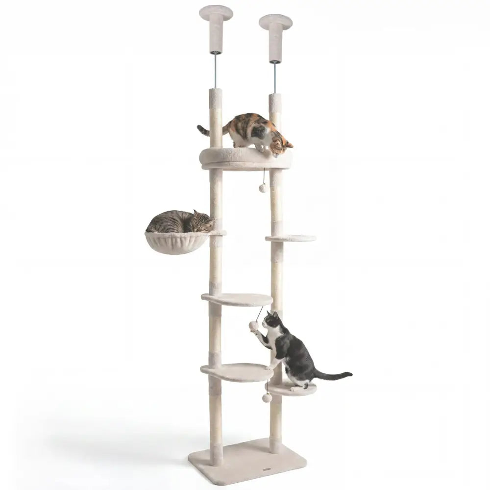 6-tier Floor to Ceiling Cat Tree with Plush Bed and Sisal Scratching Posts-Beige - Beige - Cat Trees Condos & Scratchers
