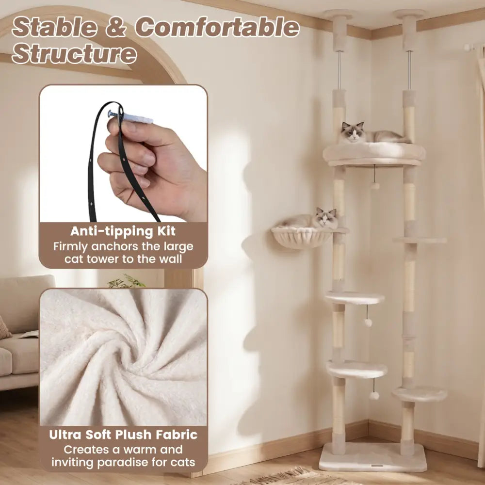 6-tier Floor to Ceiling Cat Tree with Plush Bed and Sisal Scratching Posts-Beige - Beige - Cat Trees Condos & Scratchers