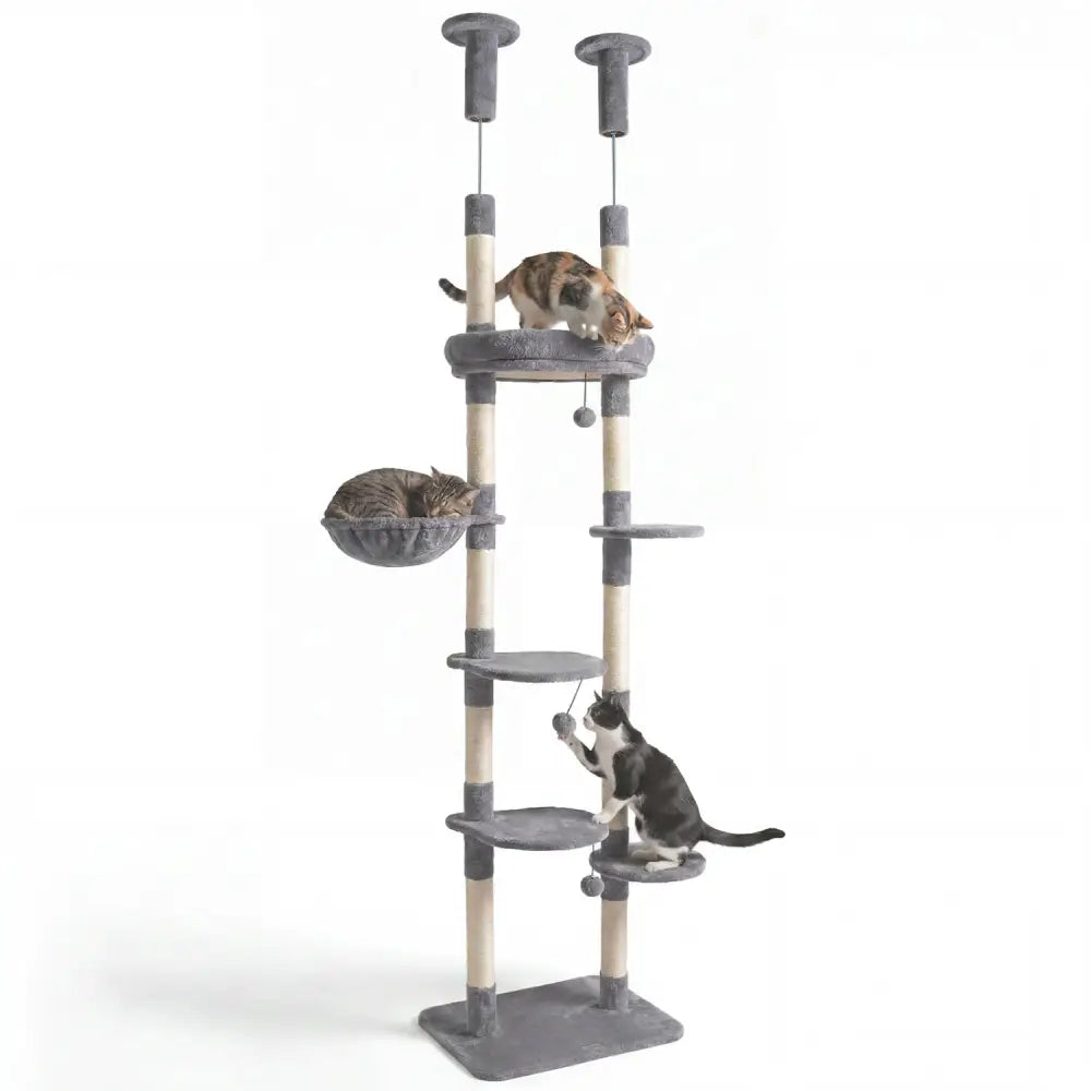 6-tier Floor to Ceiling Cat Tree with Plush Bed and Sisal Scratching Posts-Gray - Gray - Cat Trees Condos & Scratchers