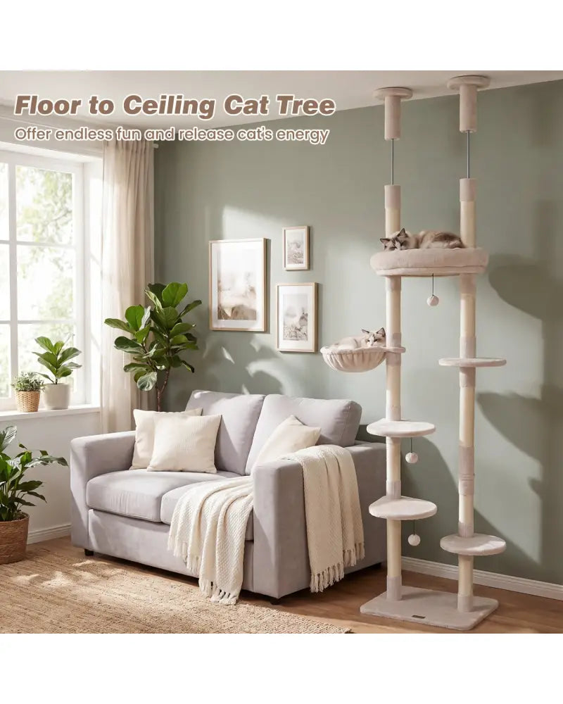 6-tier Floor to Ceiling Cat Tree with Plush Bed and Sisal Scratching Posts-Beige - Beige - Cat Trees Condos & Scratchers