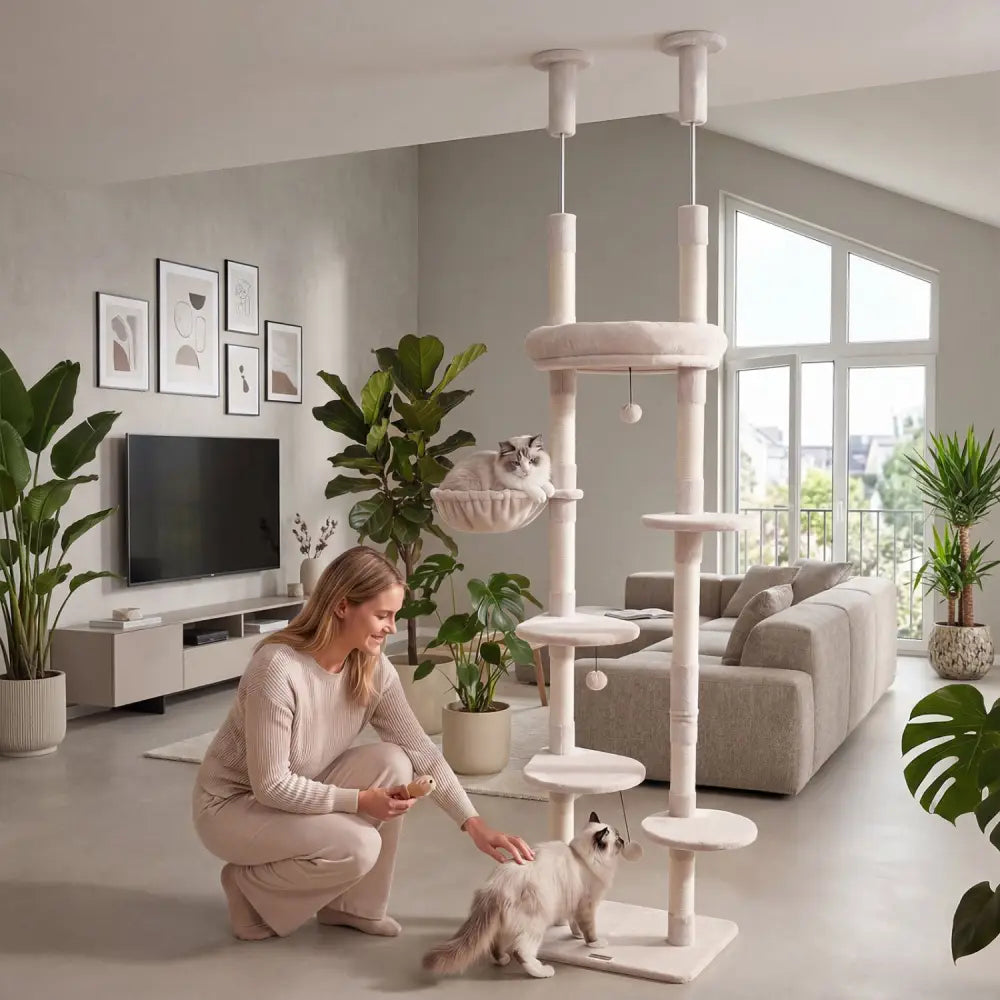 6-tier Floor to Ceiling Cat Tree with Plush Bed and Sisal Scratching Posts-Beige - Beige - Cat Trees Condos & Scratchers