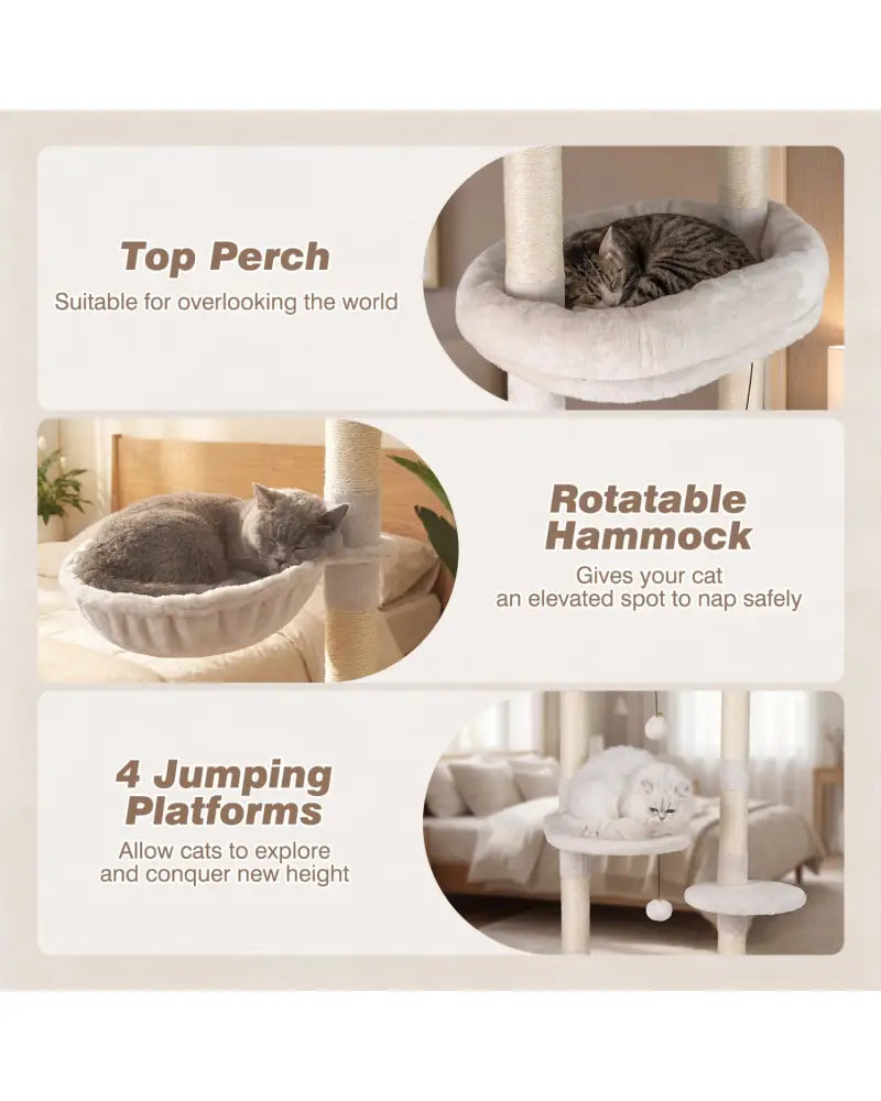 6-tier Floor to Ceiling Cat Tree with Plush Bed and Sisal Scratching Posts-Beige - Beige - Cat Trees Condos & Scratchers