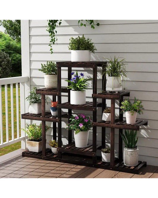 6-Tier Flower Wood Stand Plant Display Rack Storage Shelf - Brown - Plant Stands