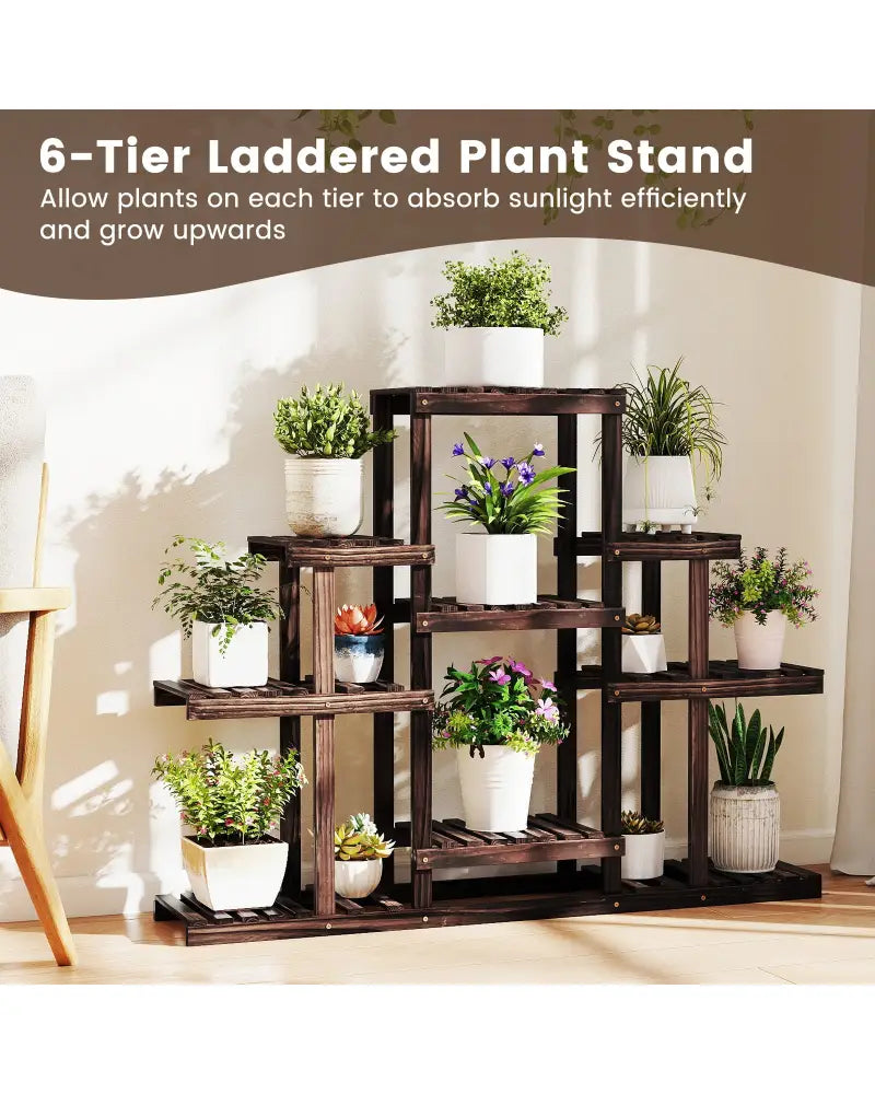 6-Tier Flower Wood Stand Plant Display Rack Storage Shelf - Brown - Plant Stands