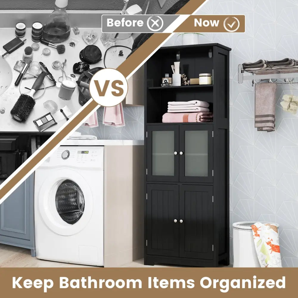 6-Tier Freestanding Bathroom Cabinet with 2 Open Compartments and Adjustable Shelves-Black - Black - Floor Cabinets