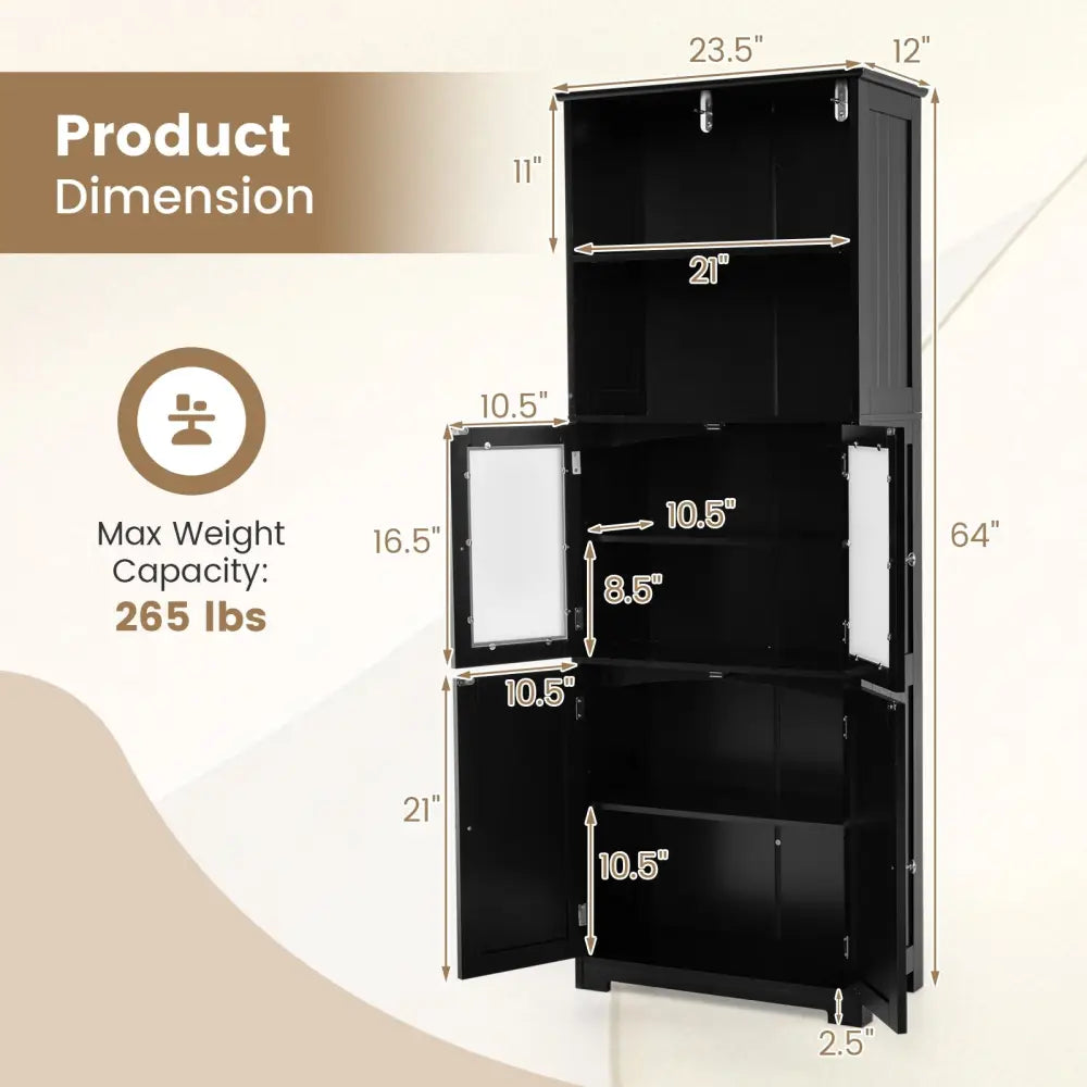 6-Tier Freestanding Bathroom Cabinet with 2 Open Compartments and Adjustable Shelves-Black - Black - Floor Cabinets