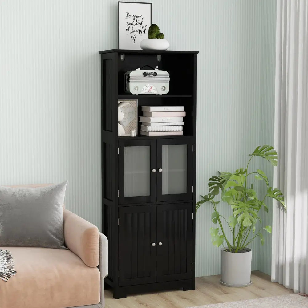 6-Tier Freestanding Bathroom Cabinet with 2 Open Compartments and Adjustable Shelves-Black - Black - Floor Cabinets