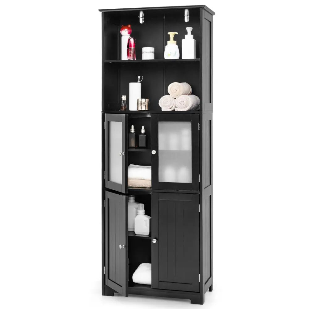 6-Tier Freestanding Bathroom Cabinet with 2 Open Compartments and Adjustable Shelves-Black - Black - Floor Cabinets