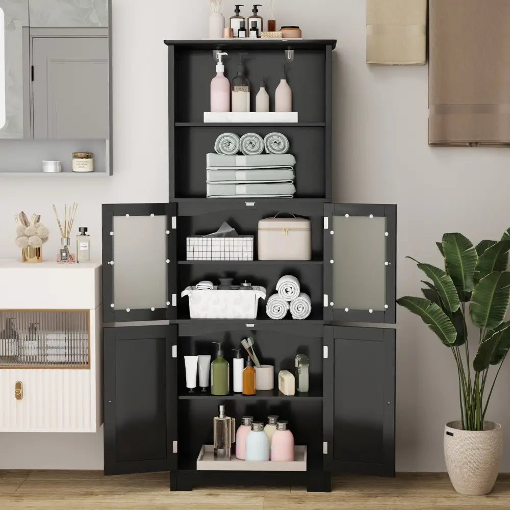 6-Tier Freestanding Bathroom Cabinet with 2 Open Compartments and Adjustable Shelves-Black - Black - Floor Cabinets
