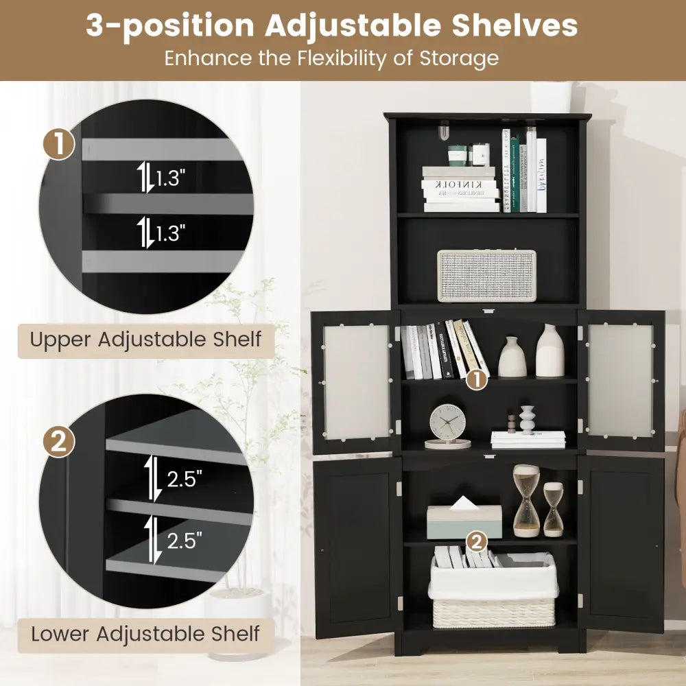 6-Tier Freestanding Bathroom Cabinet with 2 Open Compartments and Adjustable Shelves-Black - Black - Floor Cabinets
