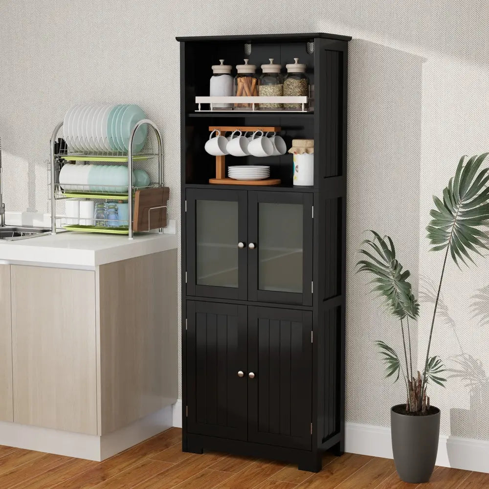 6-Tier Freestanding Bathroom Cabinet with 2 Open Compartments and Adjustable Shelves-Black - Black - Floor Cabinets