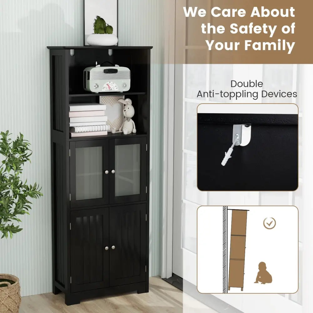 6-Tier Freestanding Bathroom Cabinet with 2 Open Compartments and Adjustable Shelves-Black - Black - Floor Cabinets