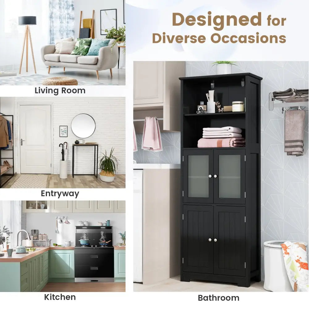 6-Tier Freestanding Bathroom Cabinet with 2 Open Compartments and Adjustable Shelves-Black - Black - Floor Cabinets