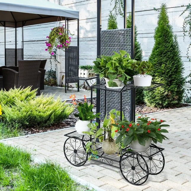 6-Tier Garden Cart Flower Rack Display Decor Pot Plant Holder - Black - Plant Stands