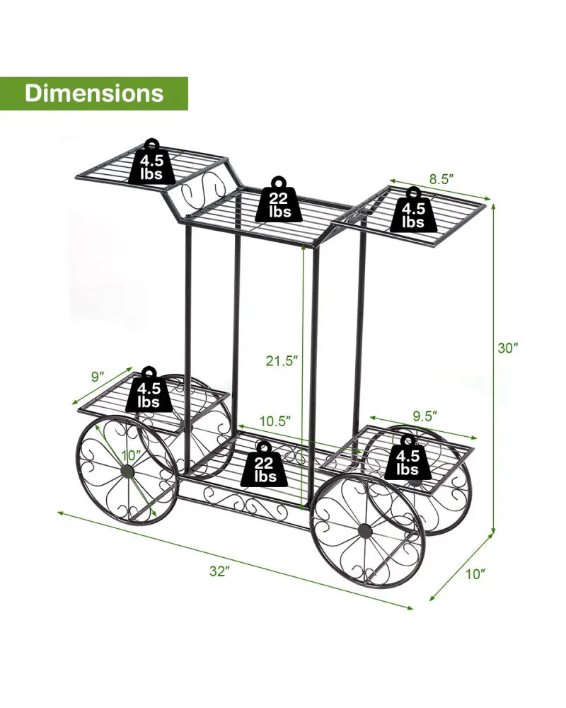 6-Tier Garden Cart Flower Rack Display Decor Pot Plant Holder - Black - Plant Stands
