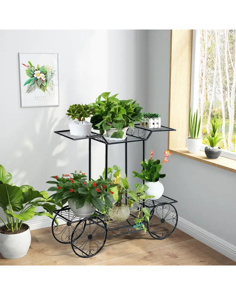 6-Tier Garden Cart Flower Rack Display Decor Pot Plant Holder - Black - Plant Stands