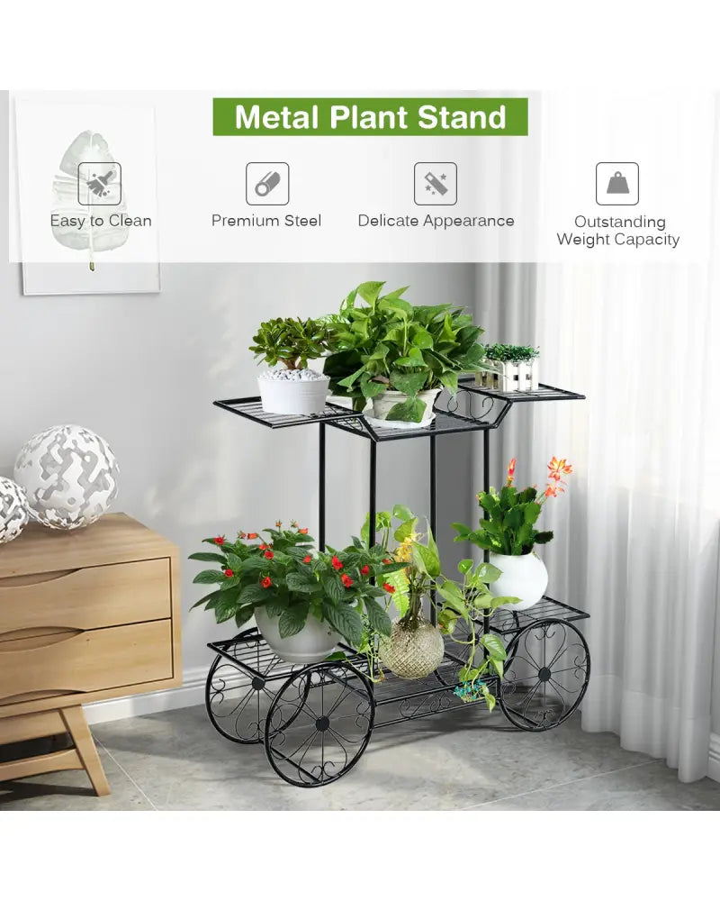 6-Tier Garden Cart Flower Rack Display Decor Pot Plant Holder - Black - Plant Stands