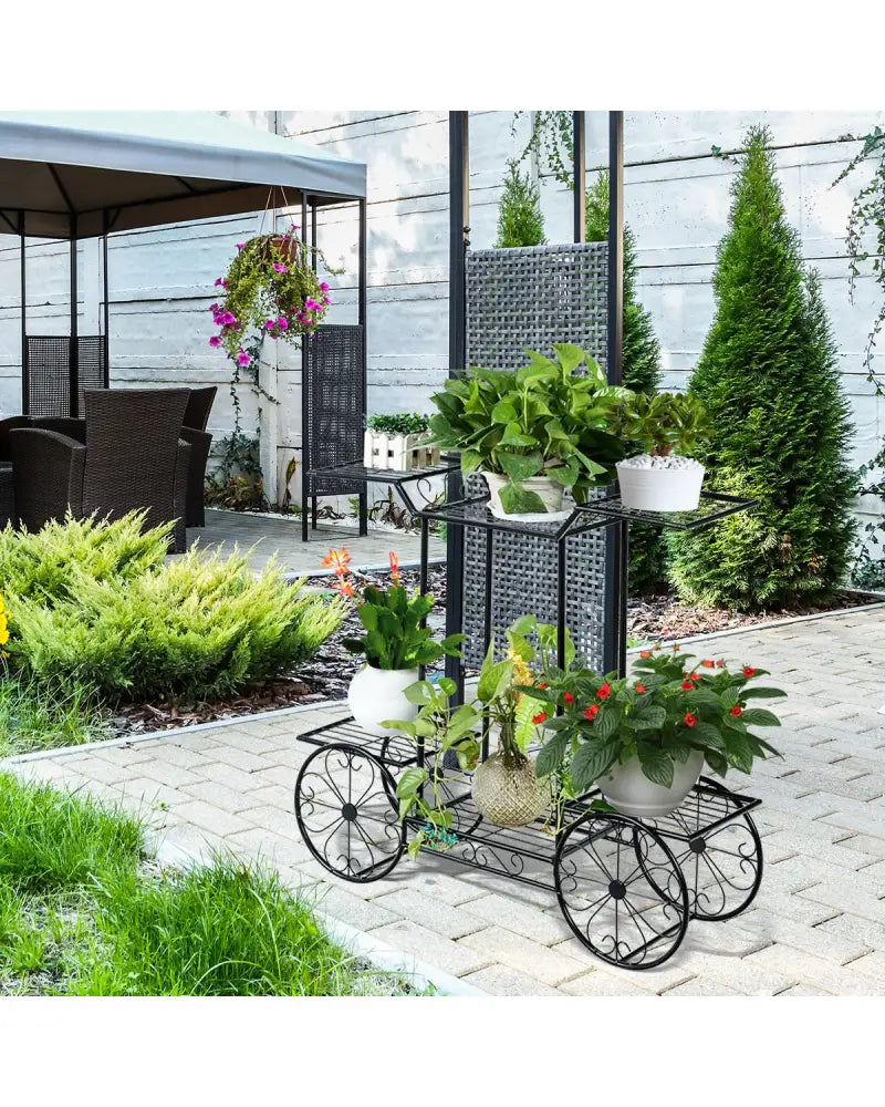 6-Tier Garden Cart Flower Rack Display Decor Pot Plant Holder - Black - Plant Stands