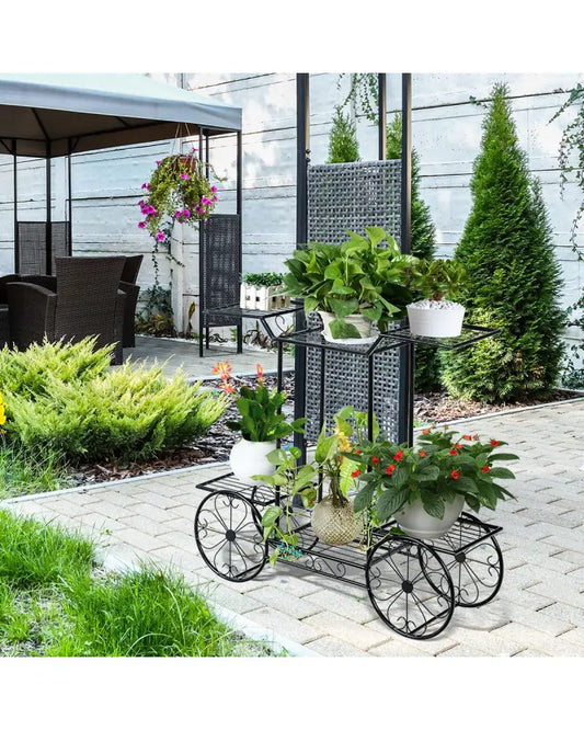 6-Tier Garden Cart Flower Rack Display Decor Pot Plant Holder - Black - Plant Stands