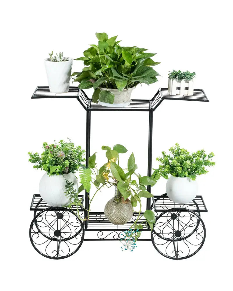 6-Tier Garden Cart Flower Rack Display Decor Pot Plant Holder - Black - Plant Stands