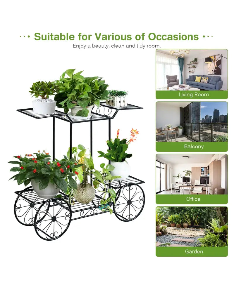 6-Tier Garden Cart Flower Rack Display Decor Pot Plant Holder - Black - Plant Stands