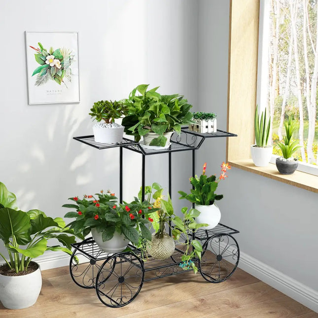 6-Tier Garden Cart Flower Rack Display Decor Pot Plant Holder - Black - Plant Stands
