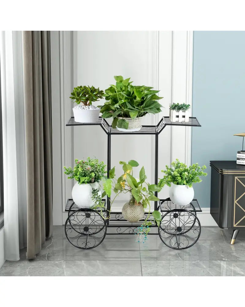 6-Tier Garden Cart Flower Rack Display Decor Pot Plant Holder - Black - Plant Stands