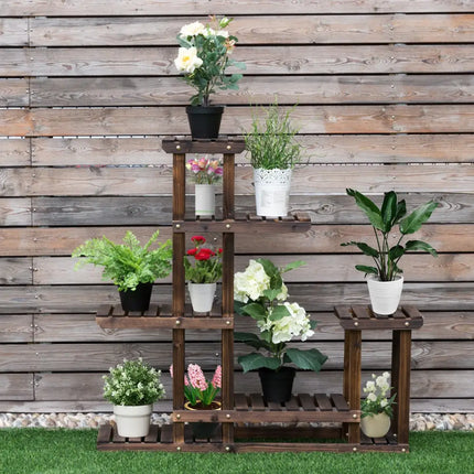 6-Tier Garden Wooden Plant Flower Stand Shelf for Multiple Plants Indoor or Outdoor - Brown - Plant Stands
