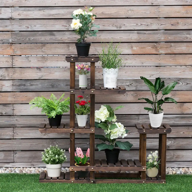 6-Tier Garden Wooden Plant Flower Stand Shelf for Multiple Plants Indoor or Outdoor - Brown - Plant Stands