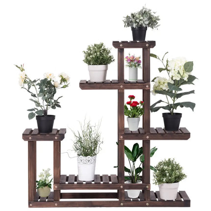 6-Tier Garden Wooden Plant Flower Stand Shelf for Multiple Plants Indoor or Outdoor - Brown - Plant Stands