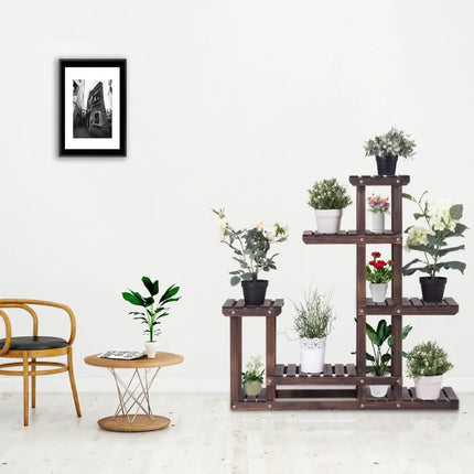 6-Tier Garden Wooden Plant Flower Stand Shelf for Multiple Plants Indoor or Outdoor - Brown - Plant Stands
