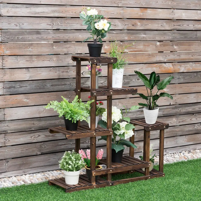 6-Tier Garden Wooden Plant Flower Stand Shelf for Multiple Plants Indoor or Outdoor - Brown - Plant Stands