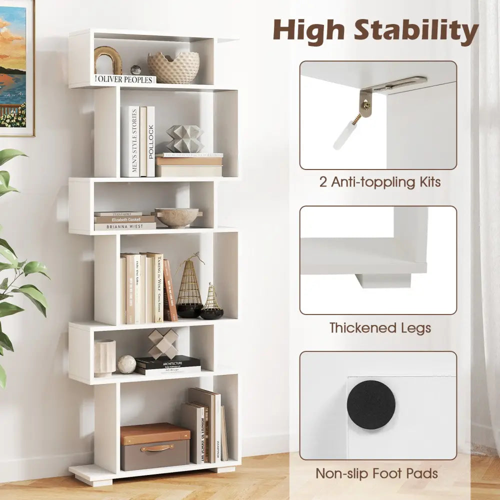 6-Tier Geometric Bookshelf with 2 Anti-Tipping Kits for Home Office-White - White - Bookcases