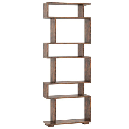 6-Tier Geometric Bookshelf with 2 Anti-Tipping Kits for Home Office-Brown - Rustic Brown - Bookcases