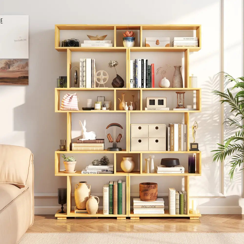 6-Tier Geometric Bookshelf with 2 Anti-Tipping Kits for Home Office-Wood - Wood - Bookcases