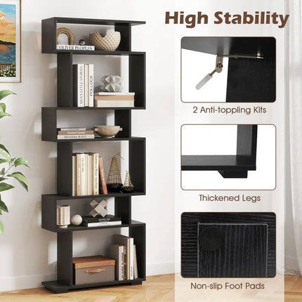 6-Tier Geometric Bookshelf with 2 Anti-Tipping Kits for Home Office-Black - Black - Bookcases