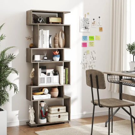 6-Tier Geometric Bookshelf with 2 Anti-Tipping Kits for Home Office-Oak - Oak - Bookcases