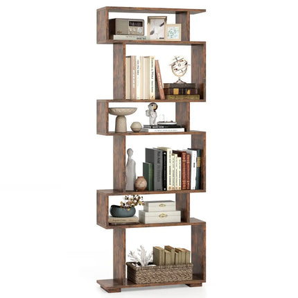 6-Tier Geometric Bookshelf with 2 Anti-Tipping Kits for Home Office-Brown - Rustic Brown - Bookcases