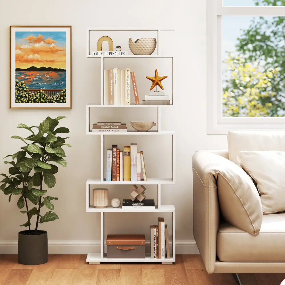 6-Tier Geometric Bookshelf with 2 Anti-Tipping Kits for Home Office-White - White - Bookcases