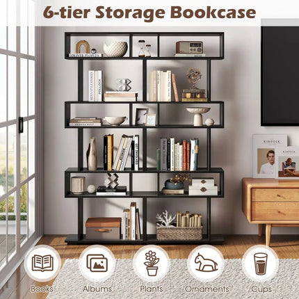 6-Tier Geometric Bookshelf with 2 Anti-Tipping Kits for Home Office-Black - Black - Bookcases