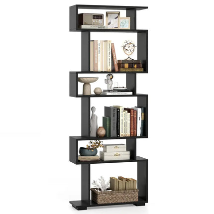 6-Tier Geometric Bookshelf with 2 Anti-Tipping Kits for Home Office-Black - Black - Bookcases