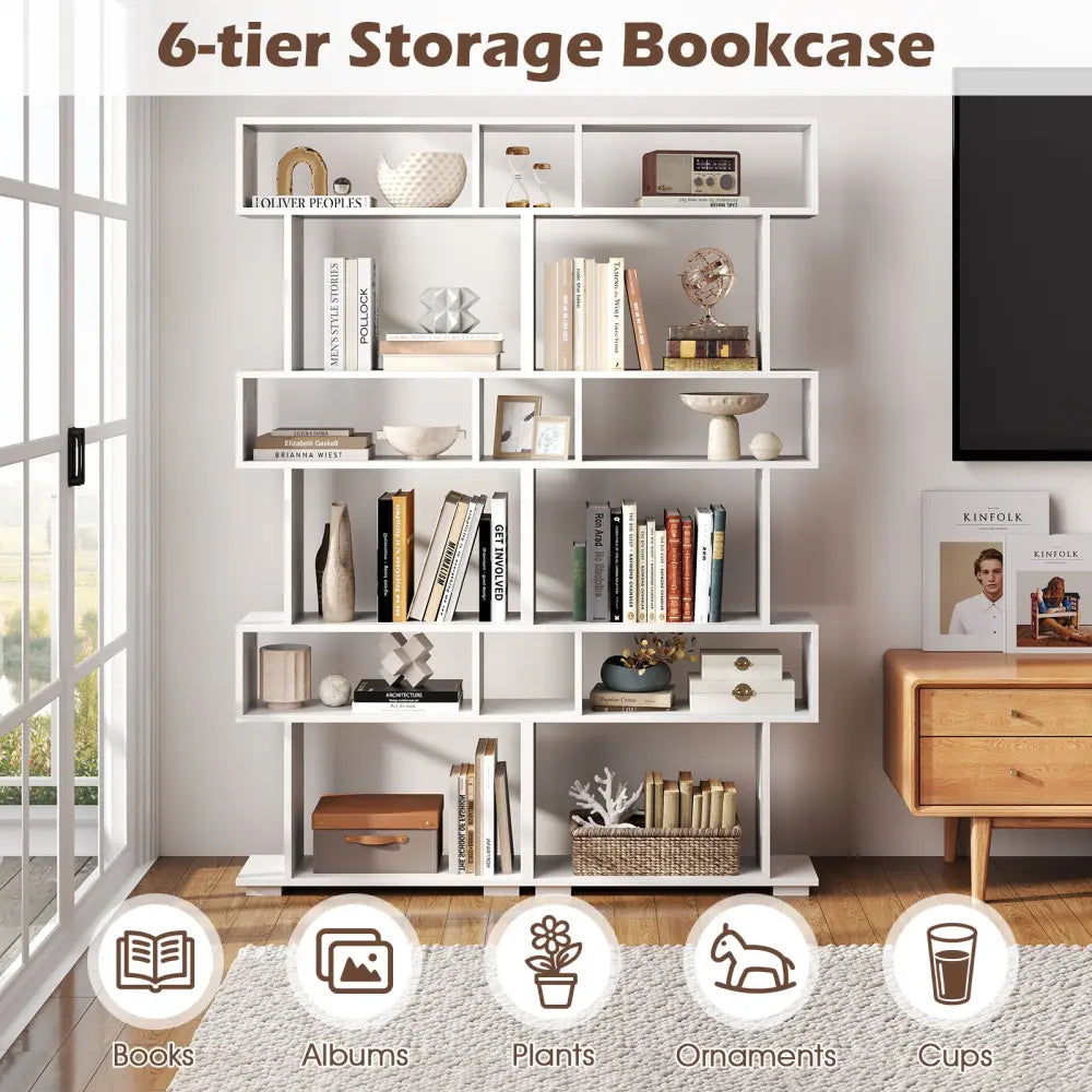 6-Tier Geometric Bookshelf with 2 Anti-Tipping Kits for Home Office-White - White - Bookcases
