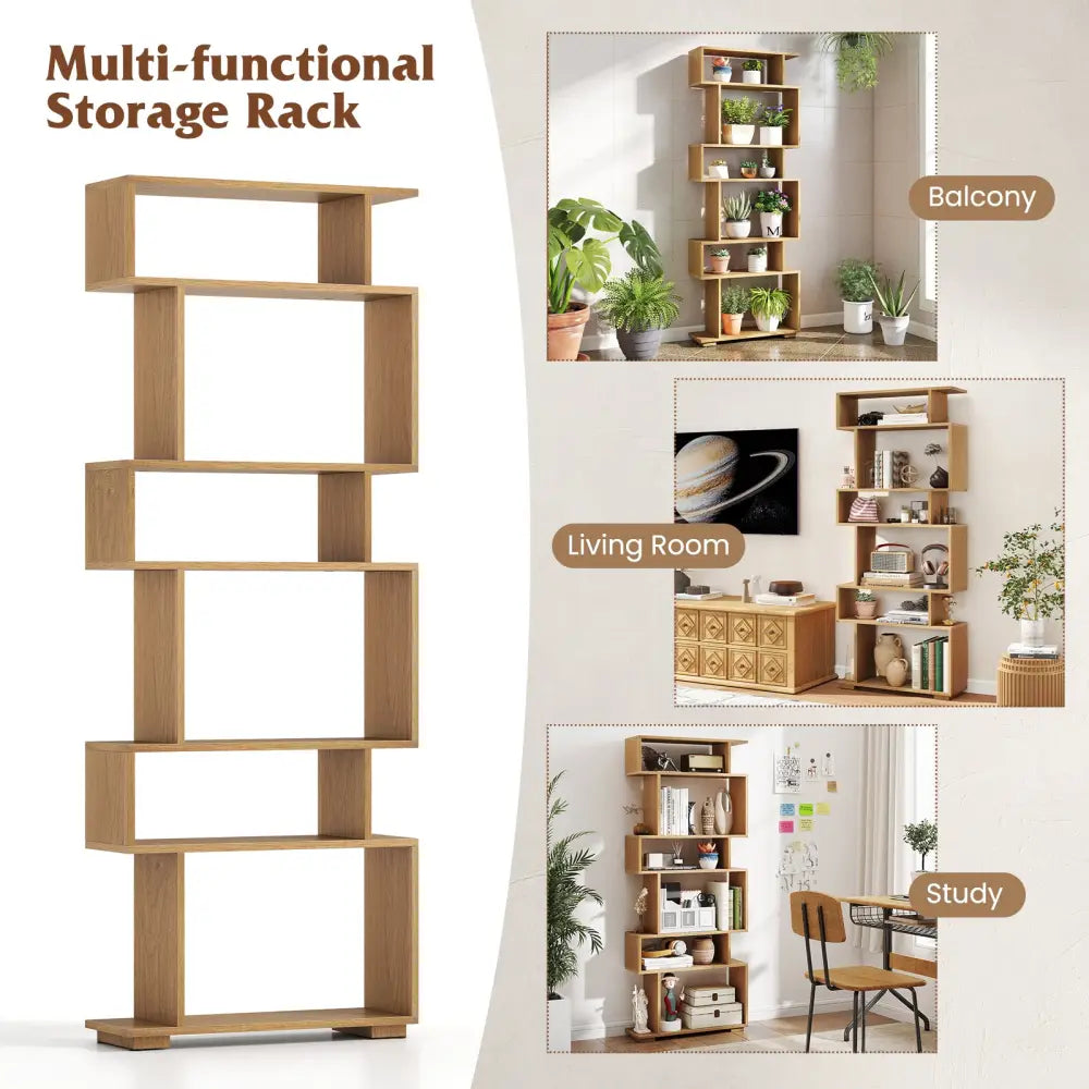 6-Tier Geometric Bookshelf with 2 Anti-Tipping Kits for Home Office-Natural - Natural - Bookcases