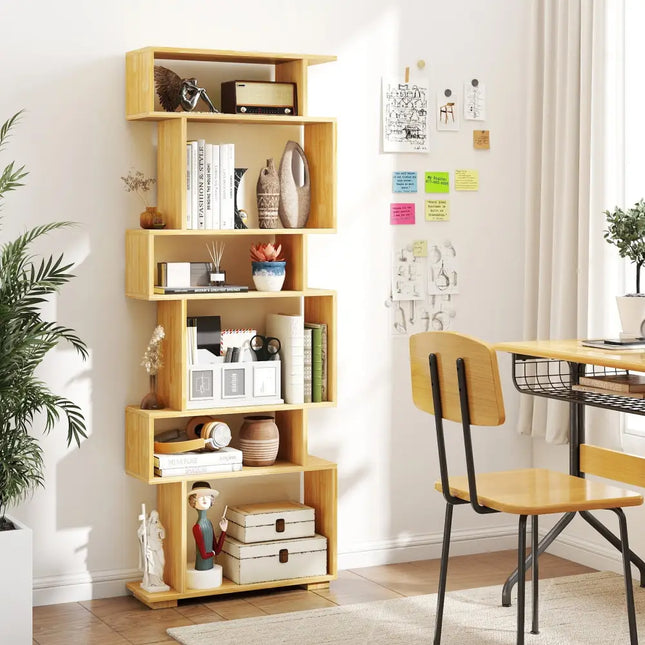 6-Tier Geometric Bookshelf with 2 Anti-Tipping Kits for Home Office-BE - Wood - Bookcases