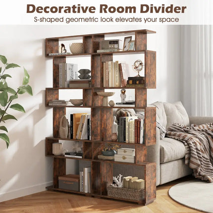 6-Tier Geometric Bookshelf with 2 Anti-Tipping Kits for Home Office-Brown - Rustic Brown - Bookcases